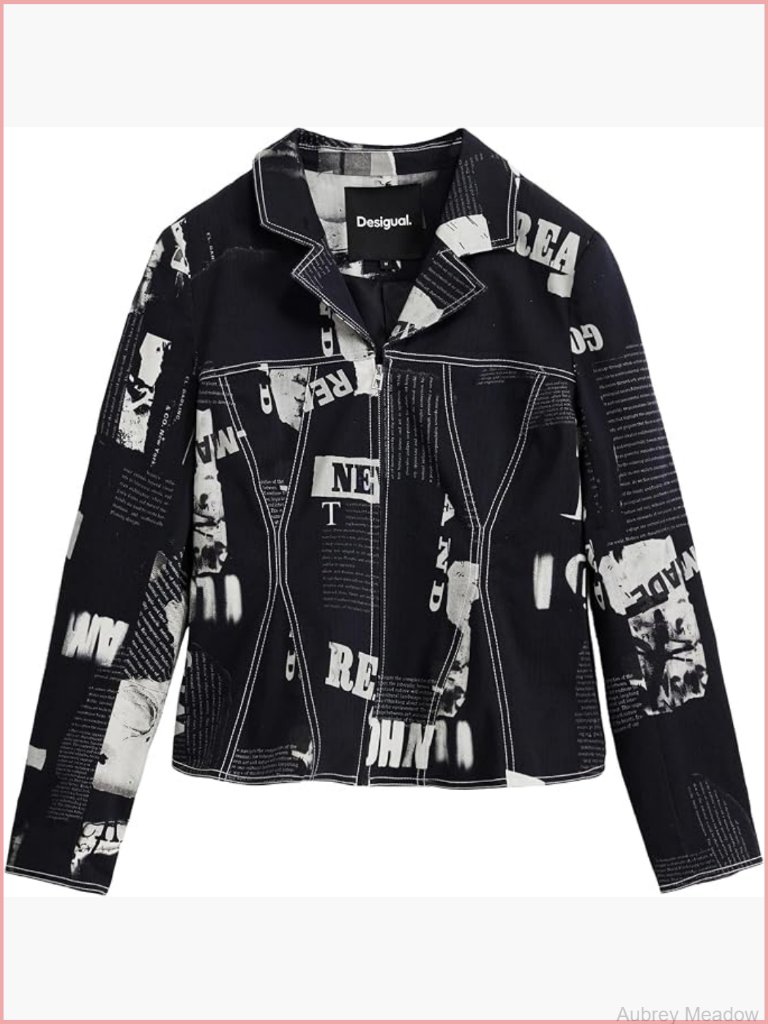 Woven Blazer With Letter Print Long Sleeve Zipper Front